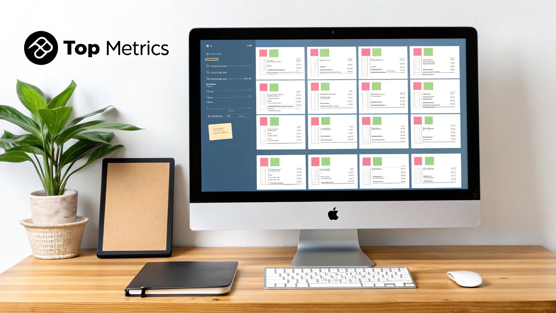 A modern workspace featuring an Apple iMac displaying a 'Top Metrics' data dashboard with various charts.