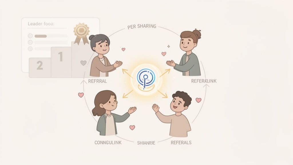 Cartoon illustration of a referral program with four diverse people sharing and referring around a central icon.