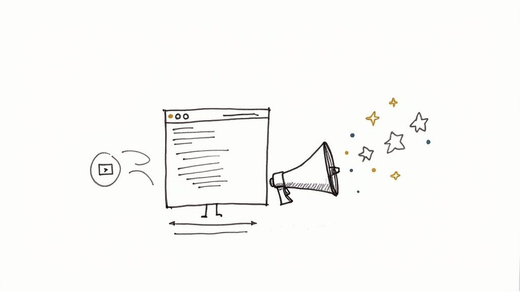 Hand-drawn illustration of video content appearing on a responsive screen, amplified by a megaphone with sparkling results.
