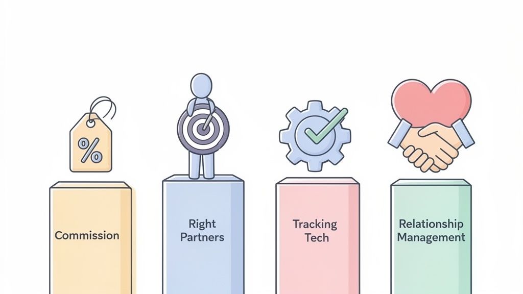 Four key pillars for successful affiliate marketing: commission, partners, tracking tech, relationship management.