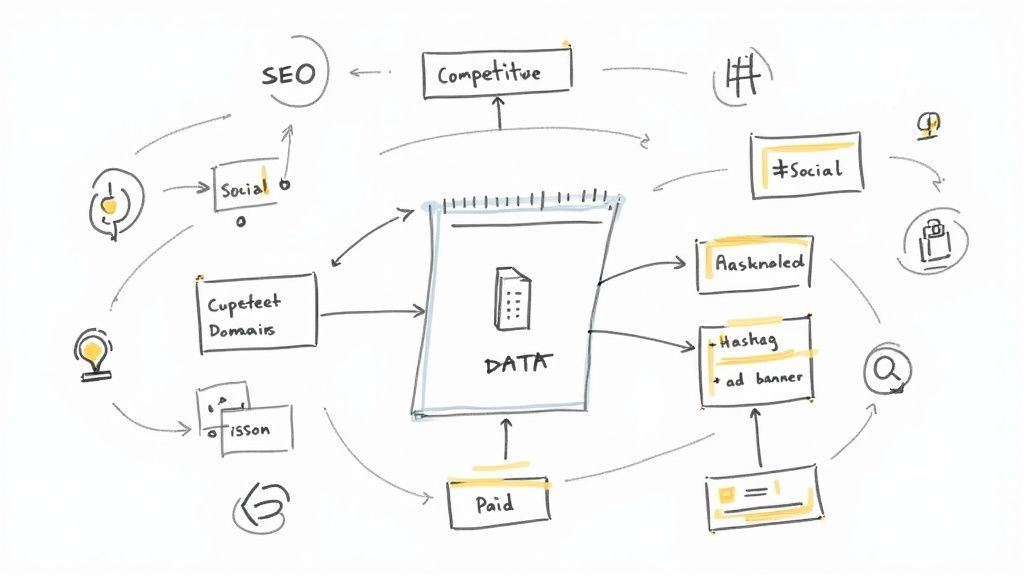 Sketch diagram visualizing various data sources and their interconnections in a digital marketing strategy.