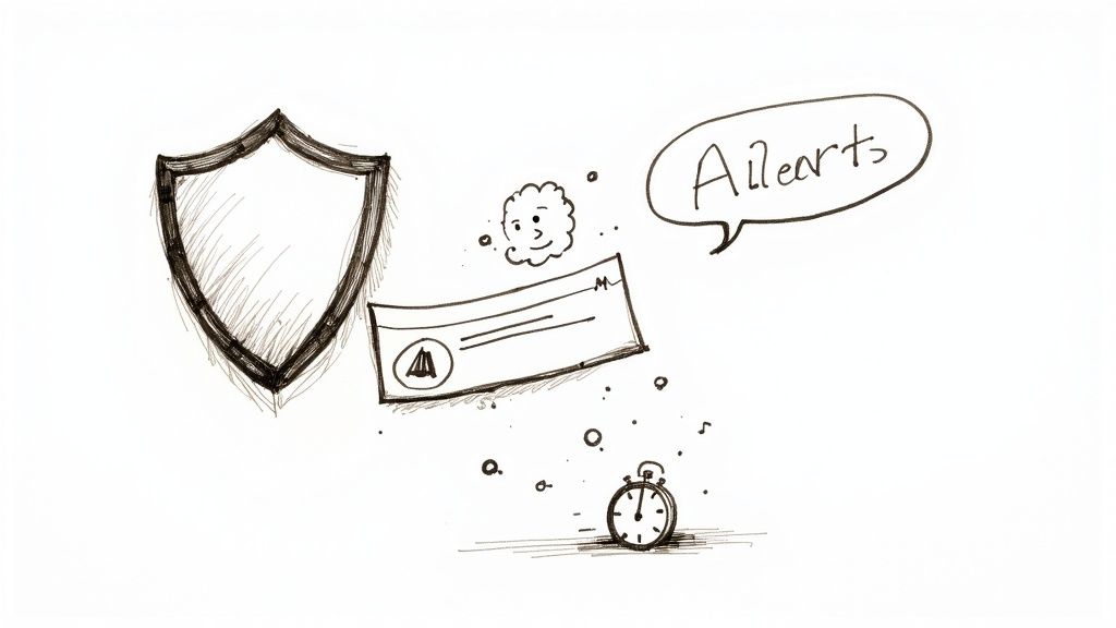 A shield icon superimposed on a social media feed, symbolizing brand reputation protection through monitoring.