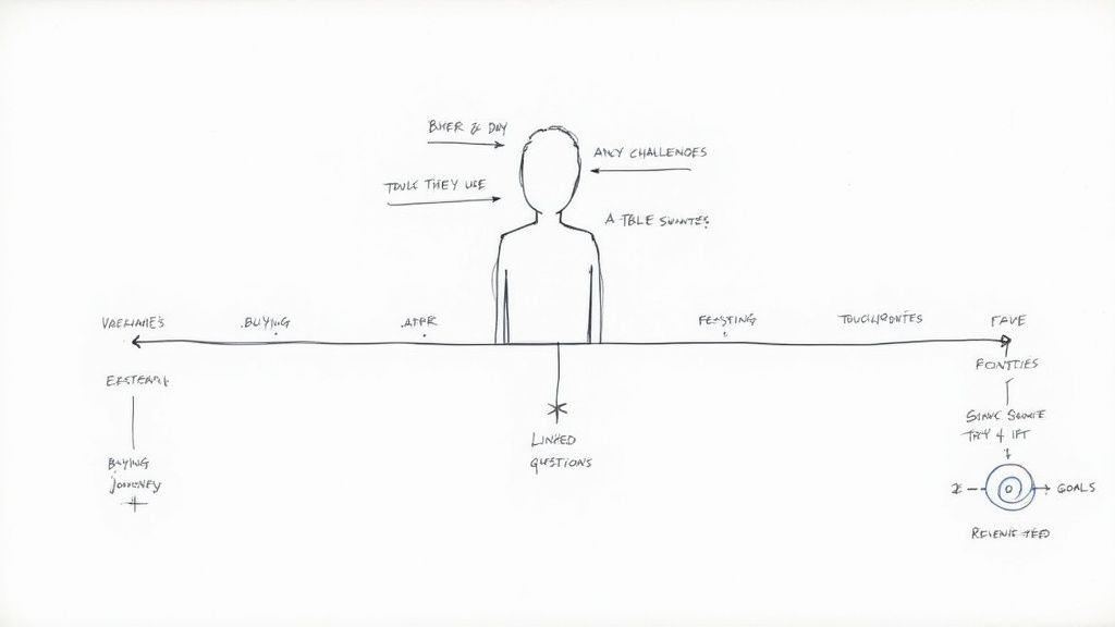 A handwritten diagram showing a customer journey map with a central persona, challenges, tools, and key stages leading to business goals.