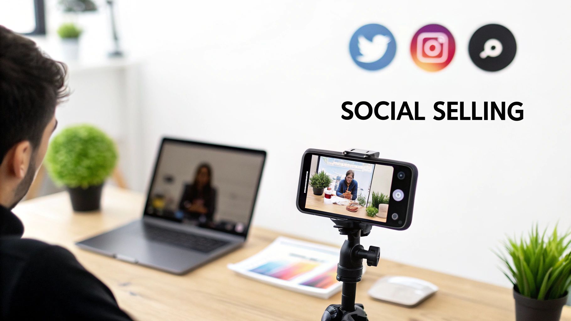 A person views a laptop and smartphone recording a video, with social media logos and 'SOCIAL SELLING' on the wall.