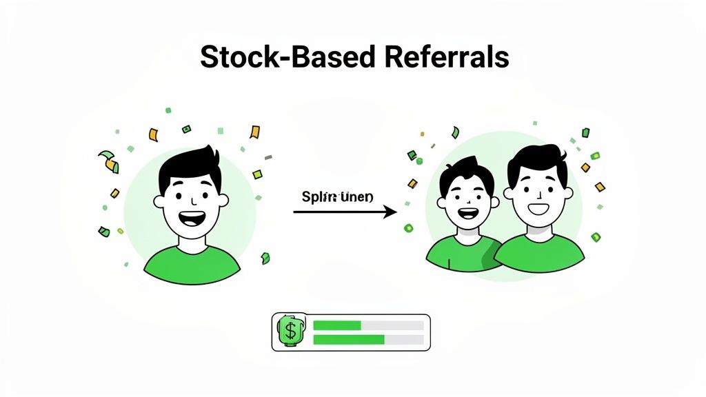 Illustration of stock-based referrals showing one person referring two others with shared stock benefits.