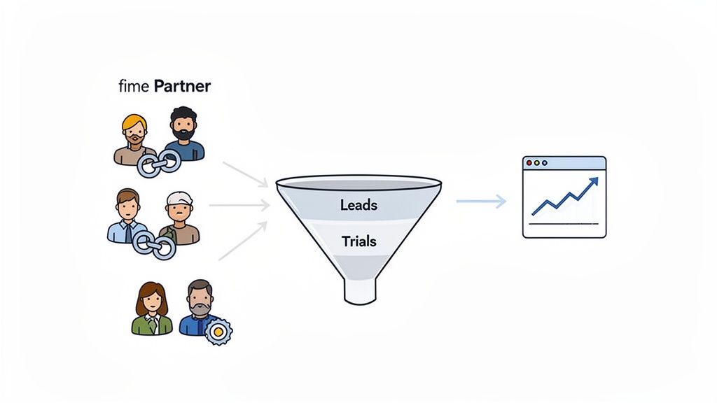 Illustration of fime partners generating leads and trials through a marketing funnel, leading to business growth.