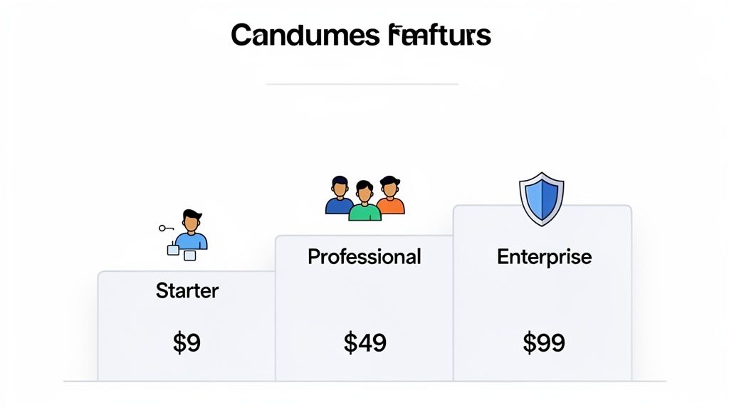 A pricing table with Starter, Professional, and Enterprise plans, priced at $9, $49, and $99 respectively.