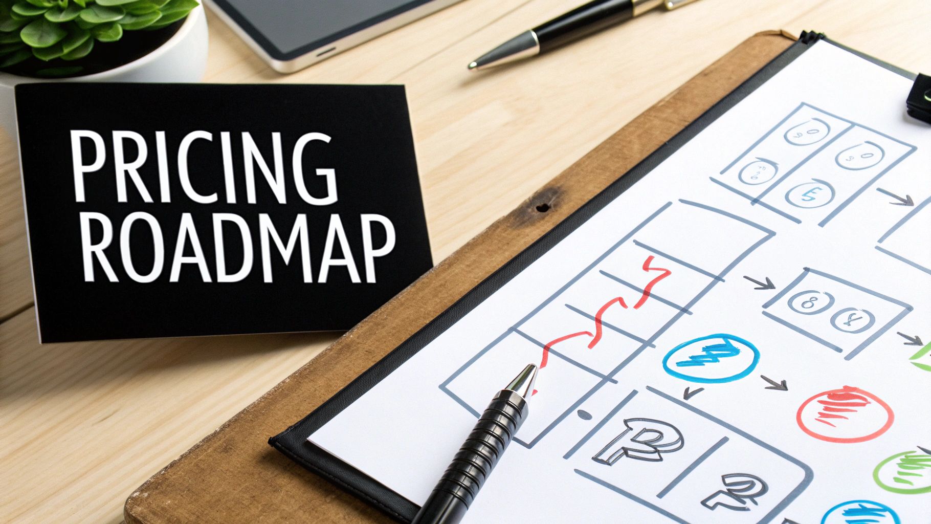 A 'PRICING ROADMAP' sign next to a hand-drawn strategic plan on a clipboard with a pen.
