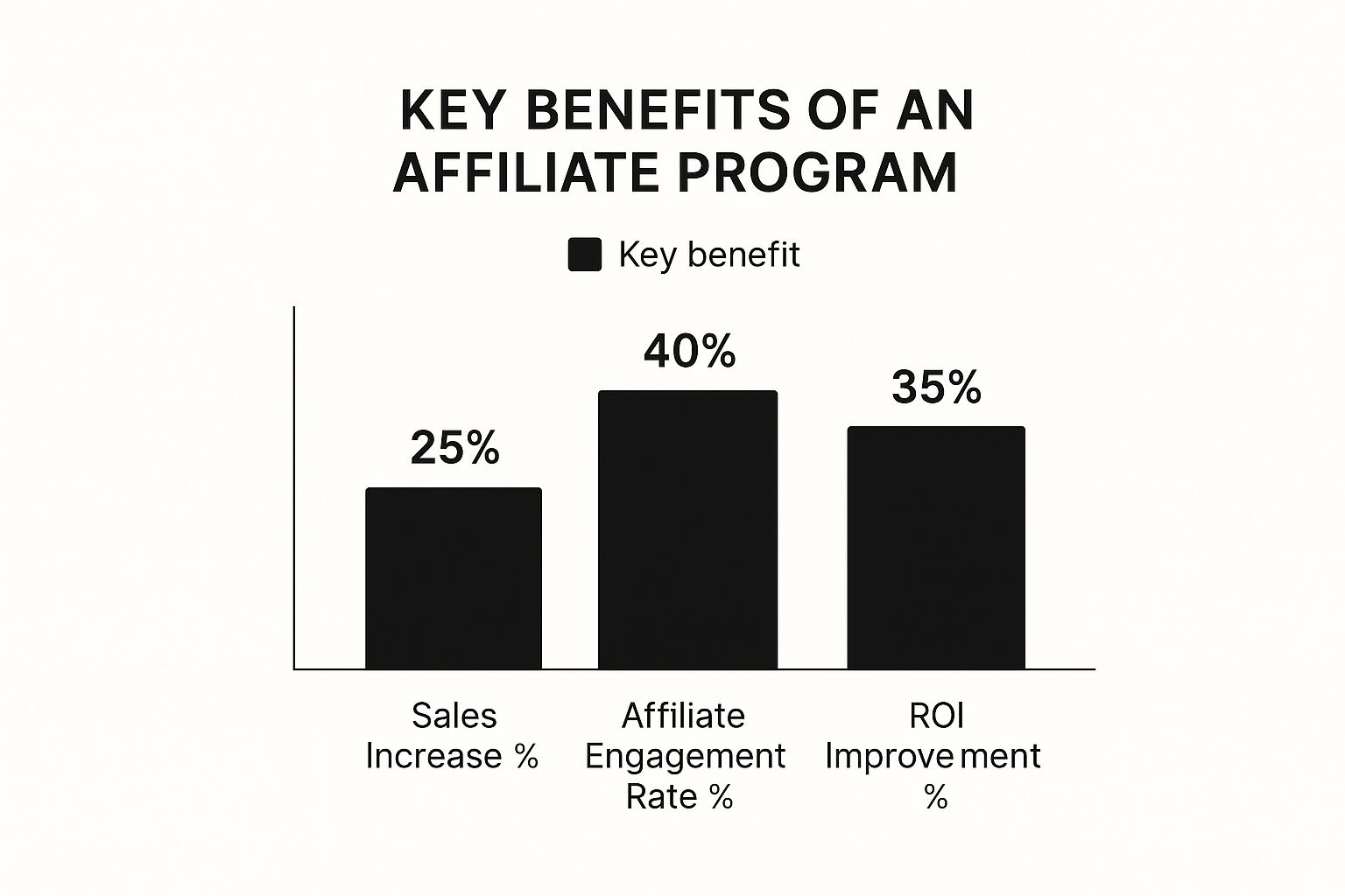 Infographic showing bar chart of affiliate program benefits: Sales Increase %, Affiliate Engagement Rate %, and ROI Improvement %
