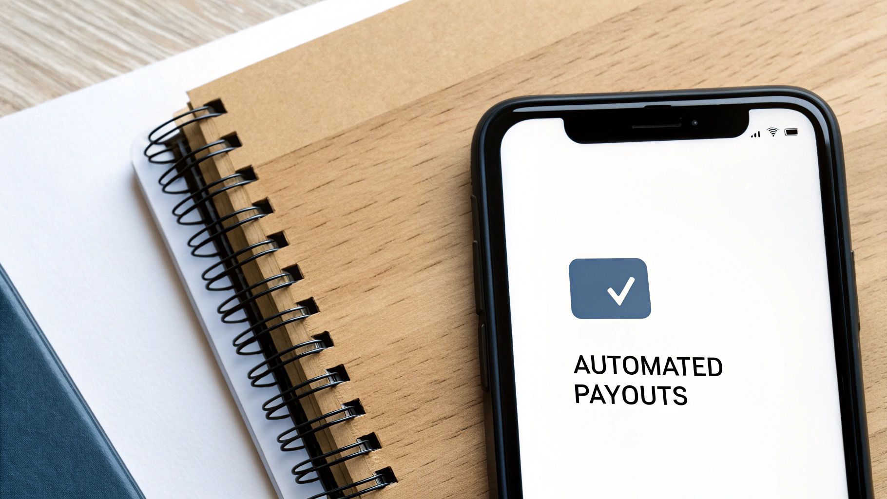 A smartphone screen showing 'AUTOMATED PAYOUTS' with a checkmark icon, next to a spiral notebook.