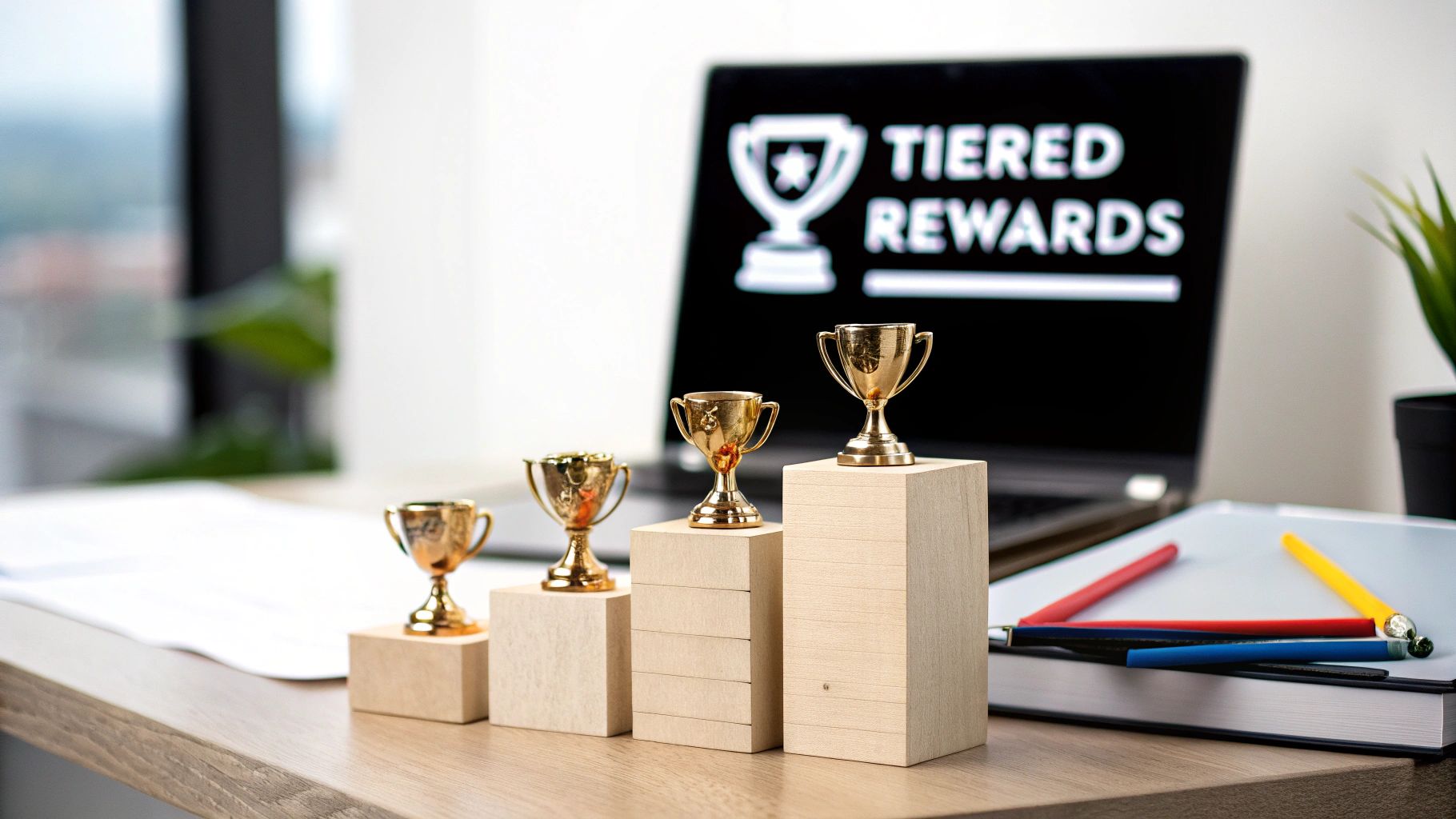 Four golden trophies on ascending wooden blocks with a laptop displaying 'TIERED REWARDS' on a desk.