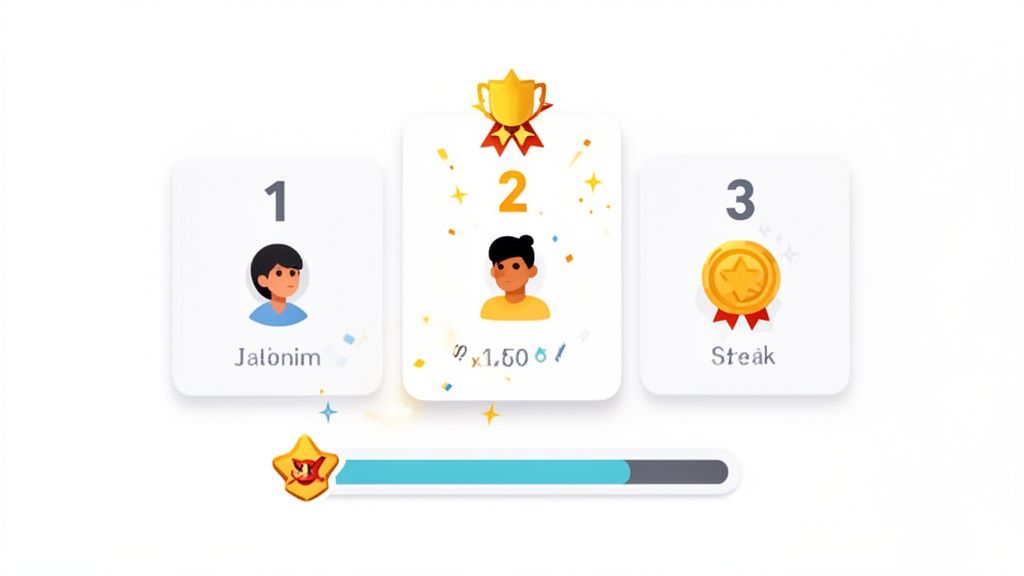 A gamified leaderboard display showing three players ranked, with 'Jalonim' at 1st and 'Steak' at 3rd place.