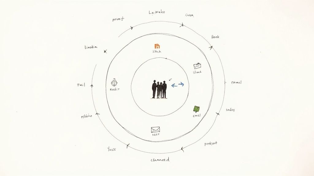 Concentric circles diagram showing social media and communication tools around central team figures