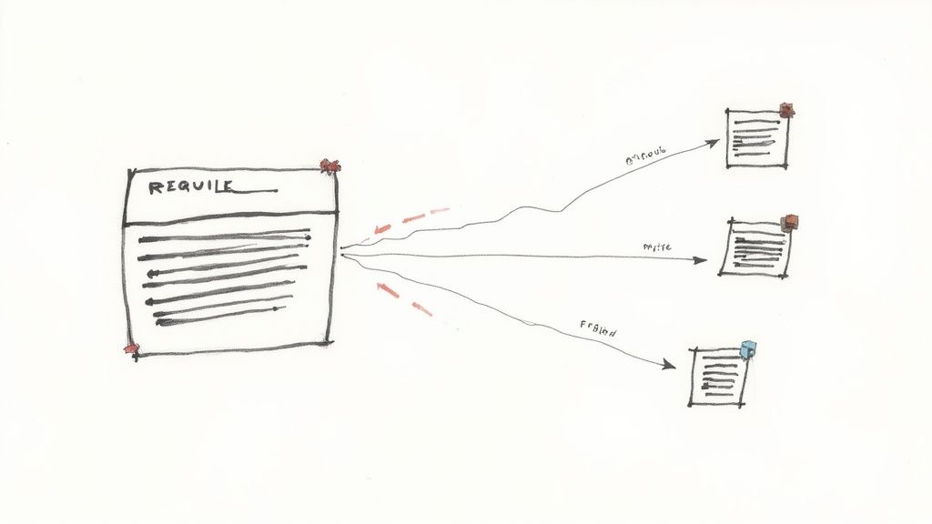 Hand-drawn diagram showing a central document labeled 'REQUILE' distributing content to three distinct smaller documents.