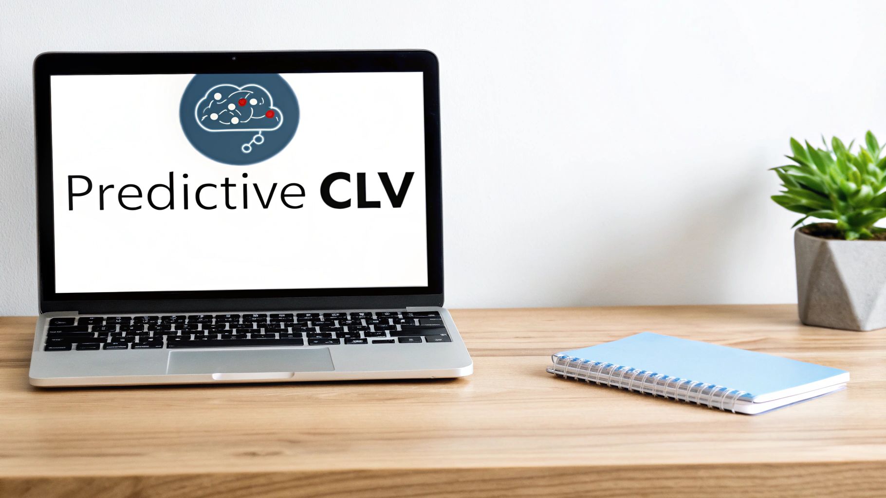 Laptop displaying 'Predictive CLV' with a brain logo, a blue notebook, and a plant on a wooden desk.
