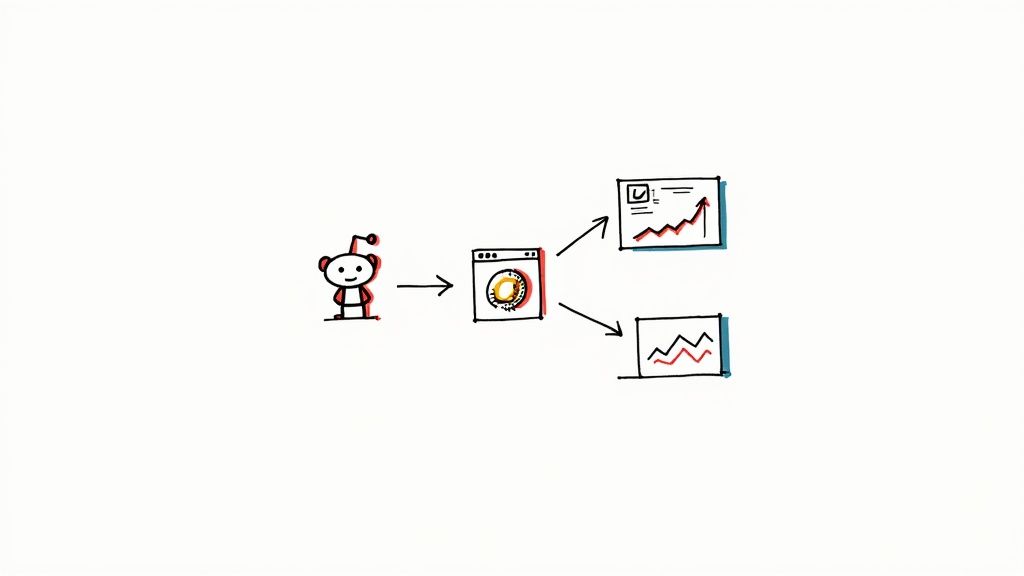 A dashboard showing graphs and charts with Reddit's logo, illustrating the tracking of ROI from marketing efforts.