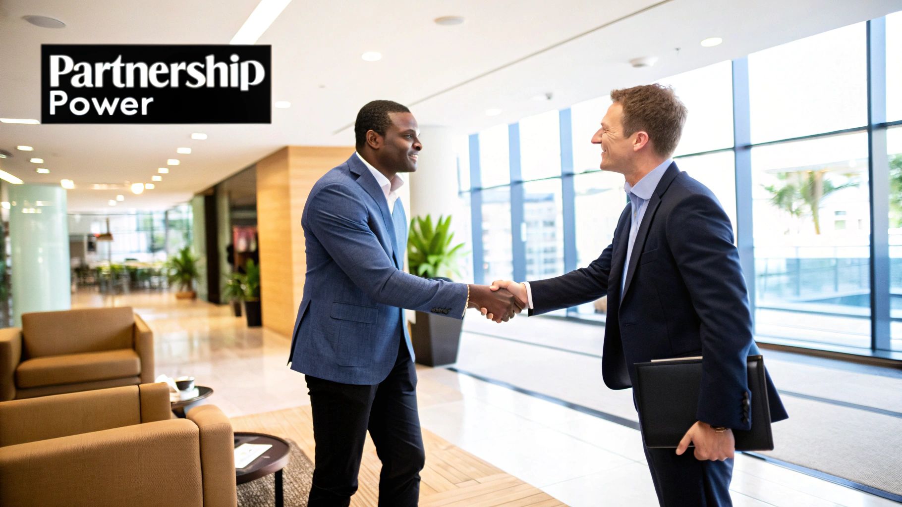 Strategic Partnerships infographic showing two hands shaking over puzzle pieces, with icons for shared audience, mutual growth, and combined resources.