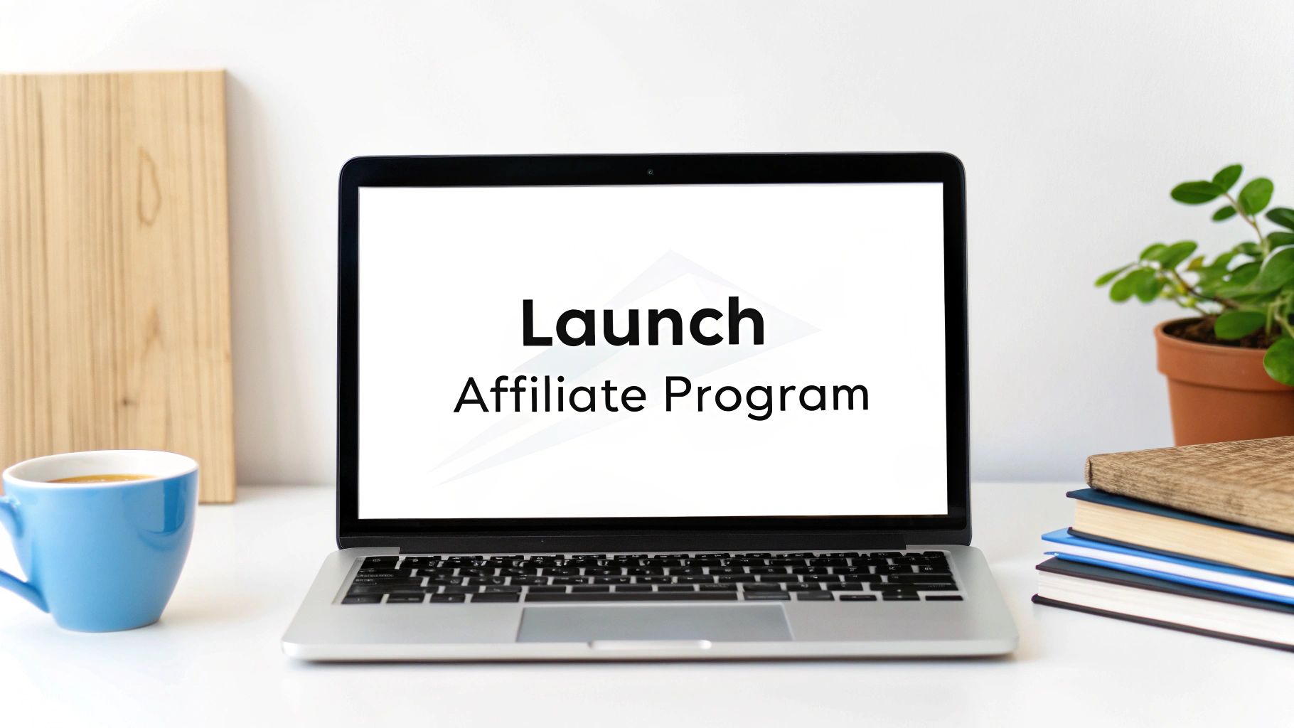A laptop on a white desk displays 'Launch Affiliate Program', with a blue coffee mug and books.