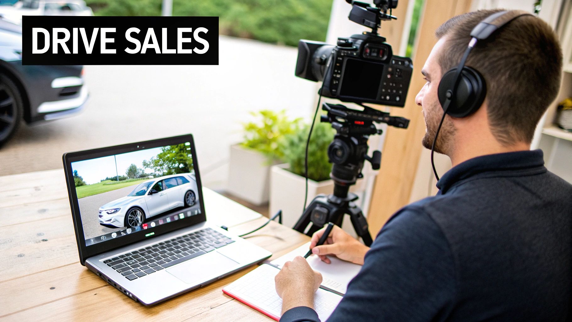 An affiliate marketer creating a compelling product review on a laptop, with charts and icons floating around representing sales and engagement.
