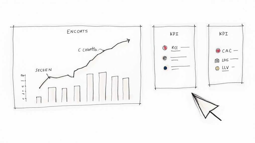A hand-drawn sketch of a business dashboard featuring a growth graph, bar chart, and key performance indicators.