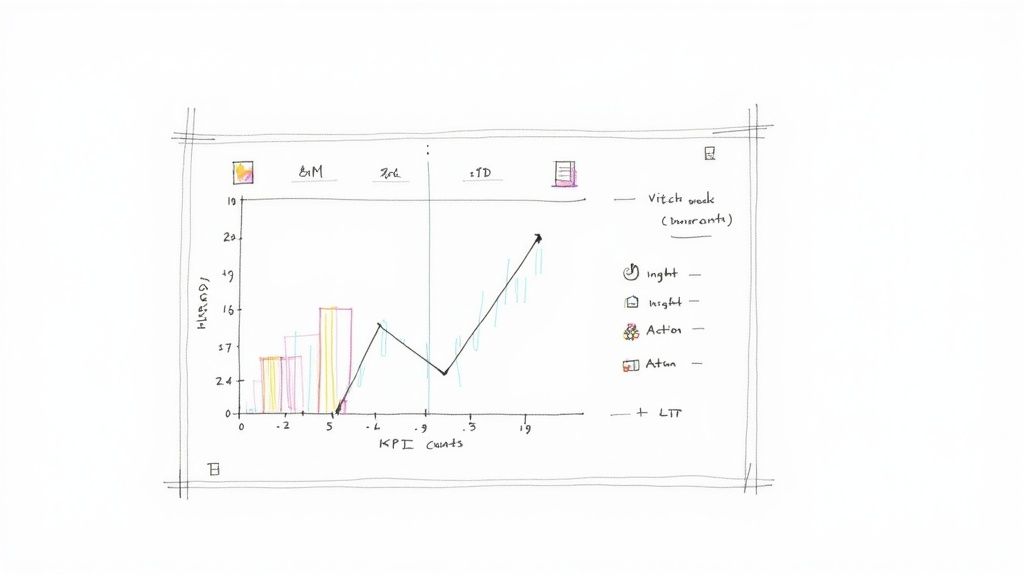 A hand-drawn sketch of an analytics dashboard featuring bar charts and a line chart for KPI data.