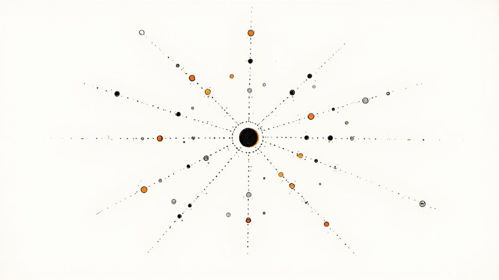 An abstract radial pattern of dotted lines and colored circles extending from a central dark point.