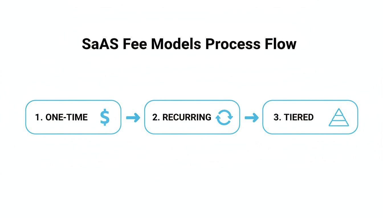 A process flow diagram showing three SaaS fee models: One-time, Recurring, and Tiered pricing.