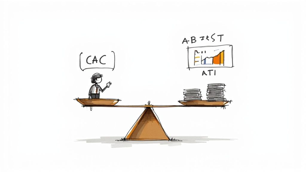 A visual representation of advanced marketing metrics like LTV and CAC on a digital dashboard.