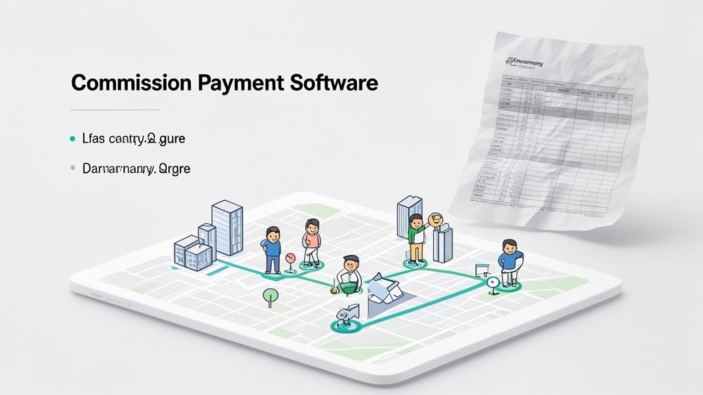 Illustration of commission payment software showing people on a map, buildings, and a crumpled invoice.