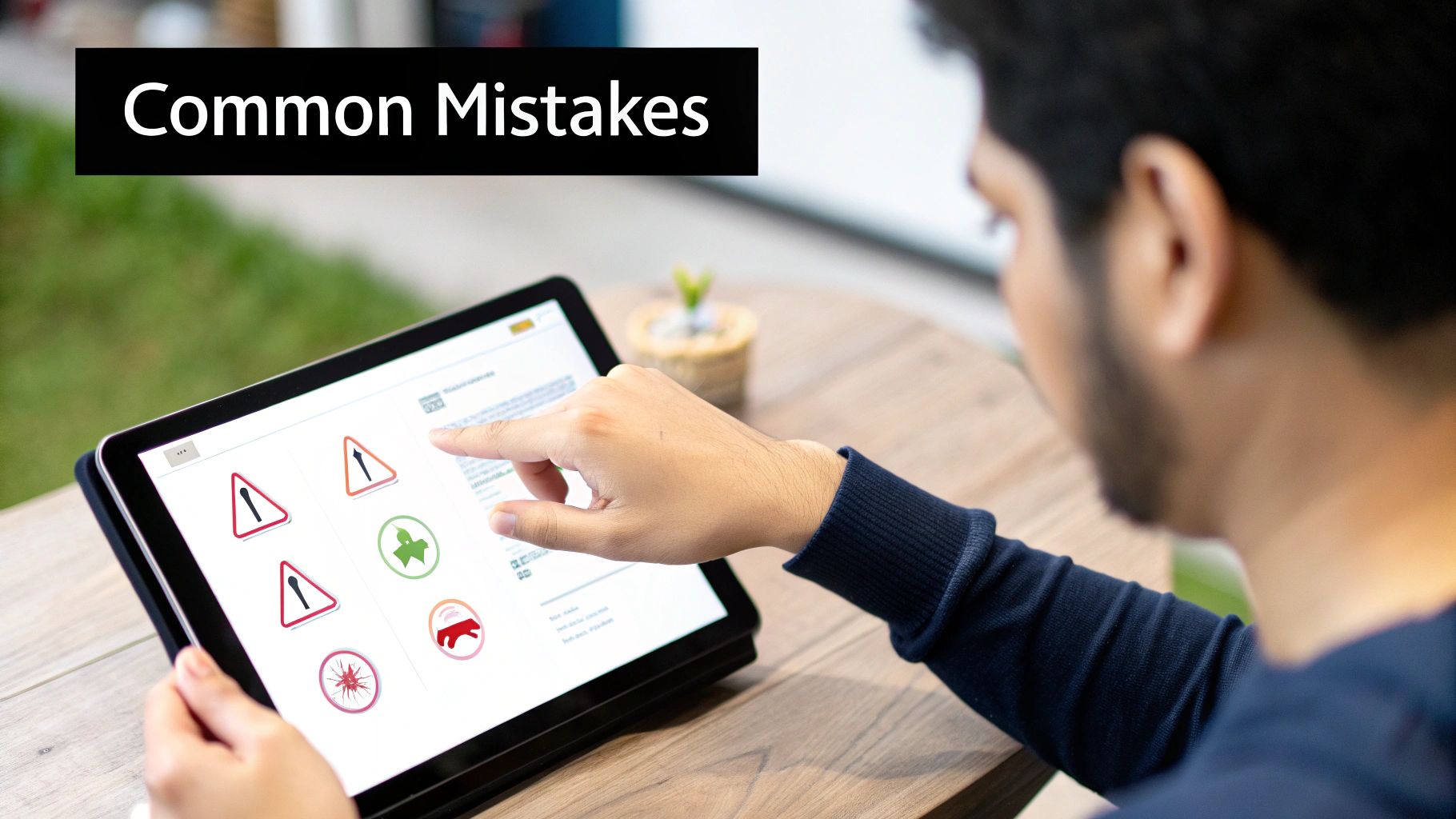 A person points at a tablet displaying various road signs and a 'Common Mistakes' title.