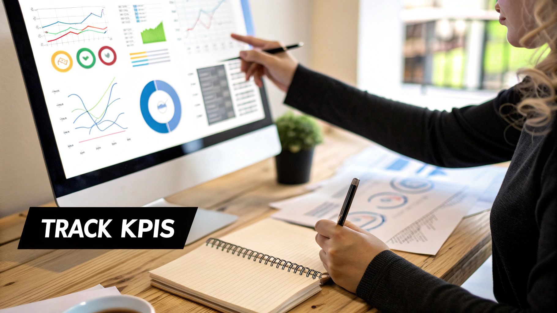 A person tracking KPIs on a computer screen displaying charts and graphs, while taking notes.