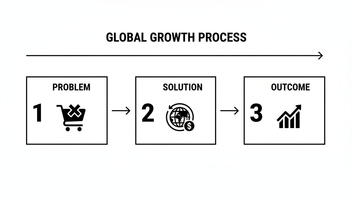 Diagram showing global growth process: payment problems, multi-currency solution, and positive growth outcome.
