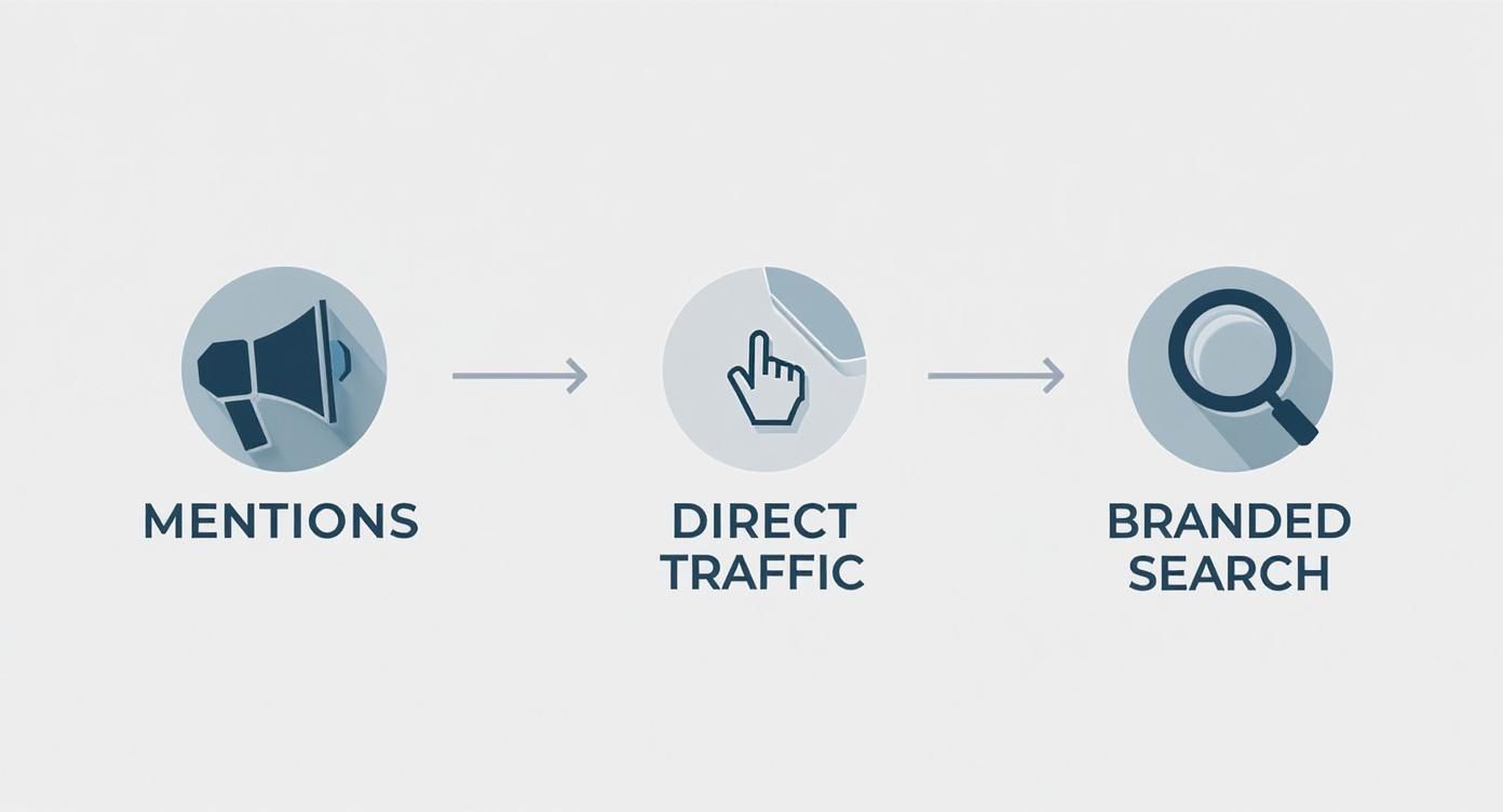 Brand awareness strategy flowchart showing mentions, direct traffic, and branded search progression with icons