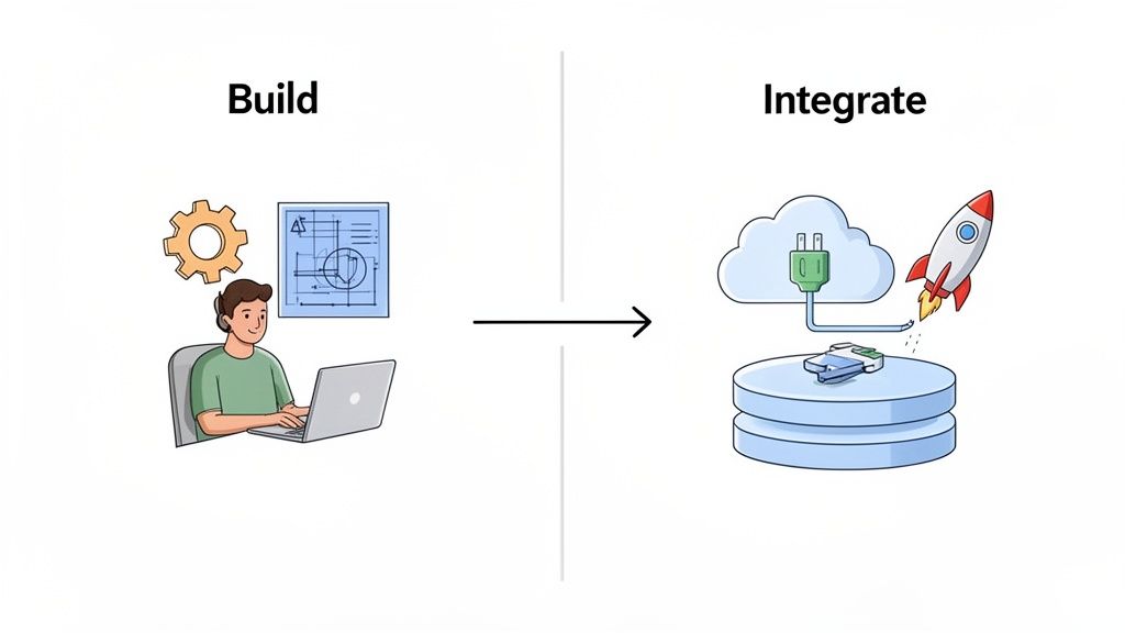 Illustration showing a two-step process: building a solution and integrating it with cloud services and a database for launch.