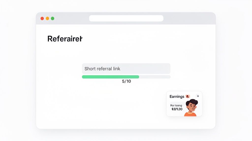A digital interface showcasing a referral program dashboard with a short link, progress bar, and earnings.