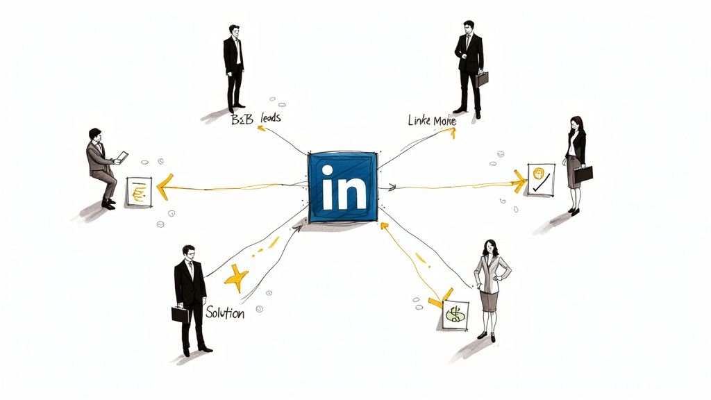 Illustration of business professionals interacting with LinkedIn, generating leads, money, and solutions.