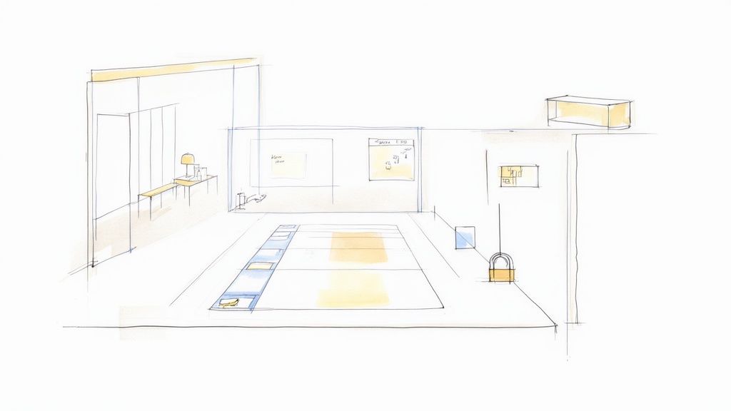 Watercolor sketch of a modern workspace featuring a game-like floor plan and whiteboards.