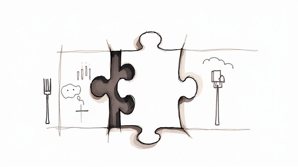 Hand-drawn illustration of two connected puzzle pieces, symbolizing integration of various concepts.