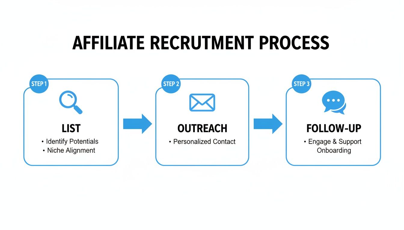Diagram showing the three-step affiliate recruitment process: List, Outreach, and Follow-up.
