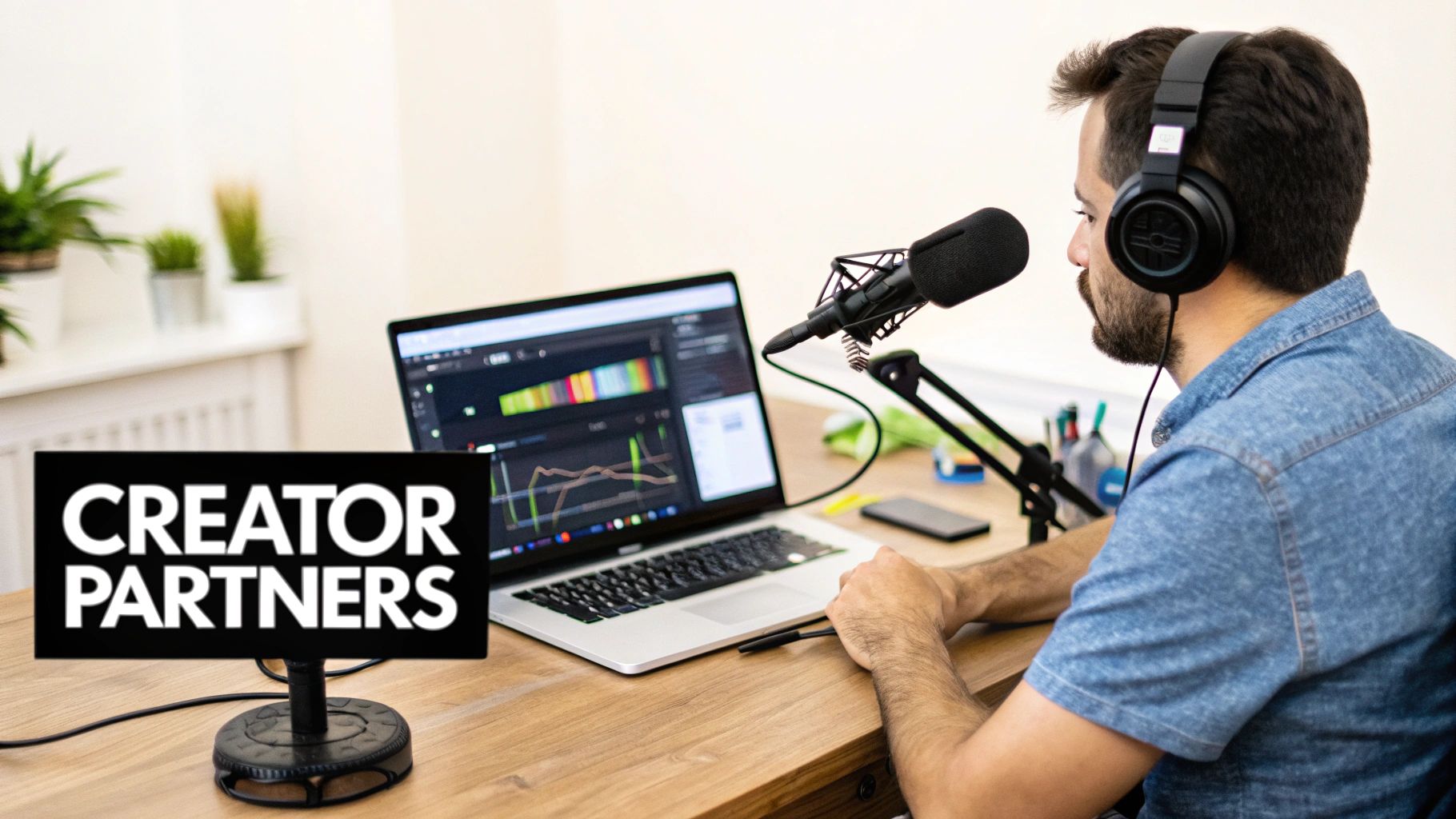 A man records a podcast, wearing headphones, at a desk with a laptop and 'CREATOR PARTNERS' sign.