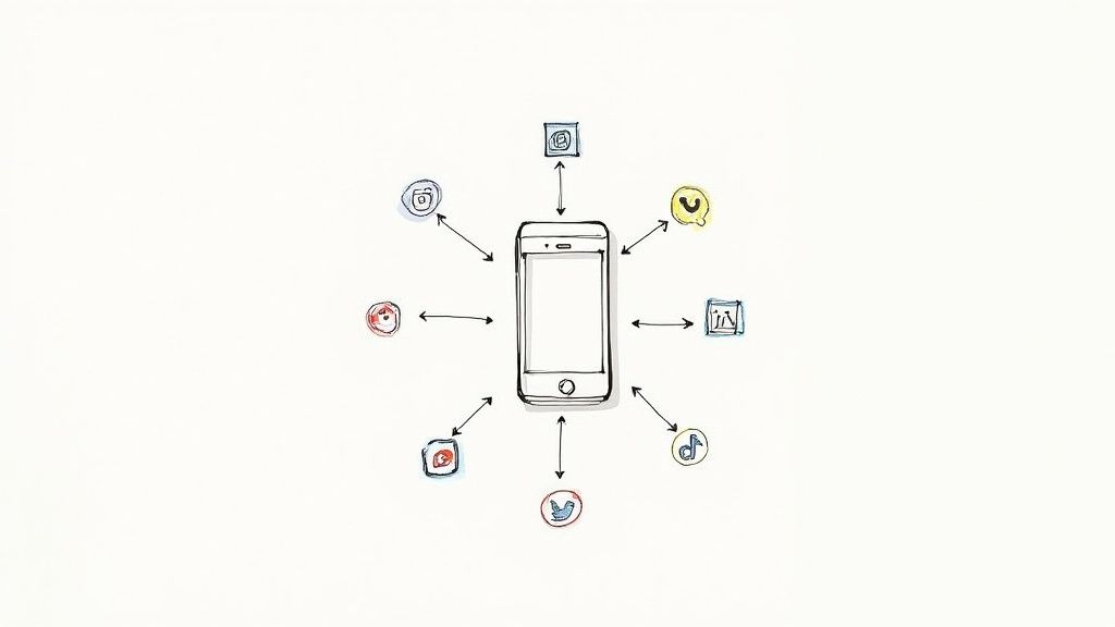 An illustration of a smartphone in the center, surrounded by diverse content sharing app icons.