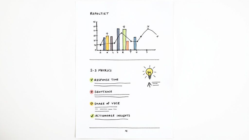 Hand-drawn chart with bar and line graphs, showing various business metrics like response time and share of voice.