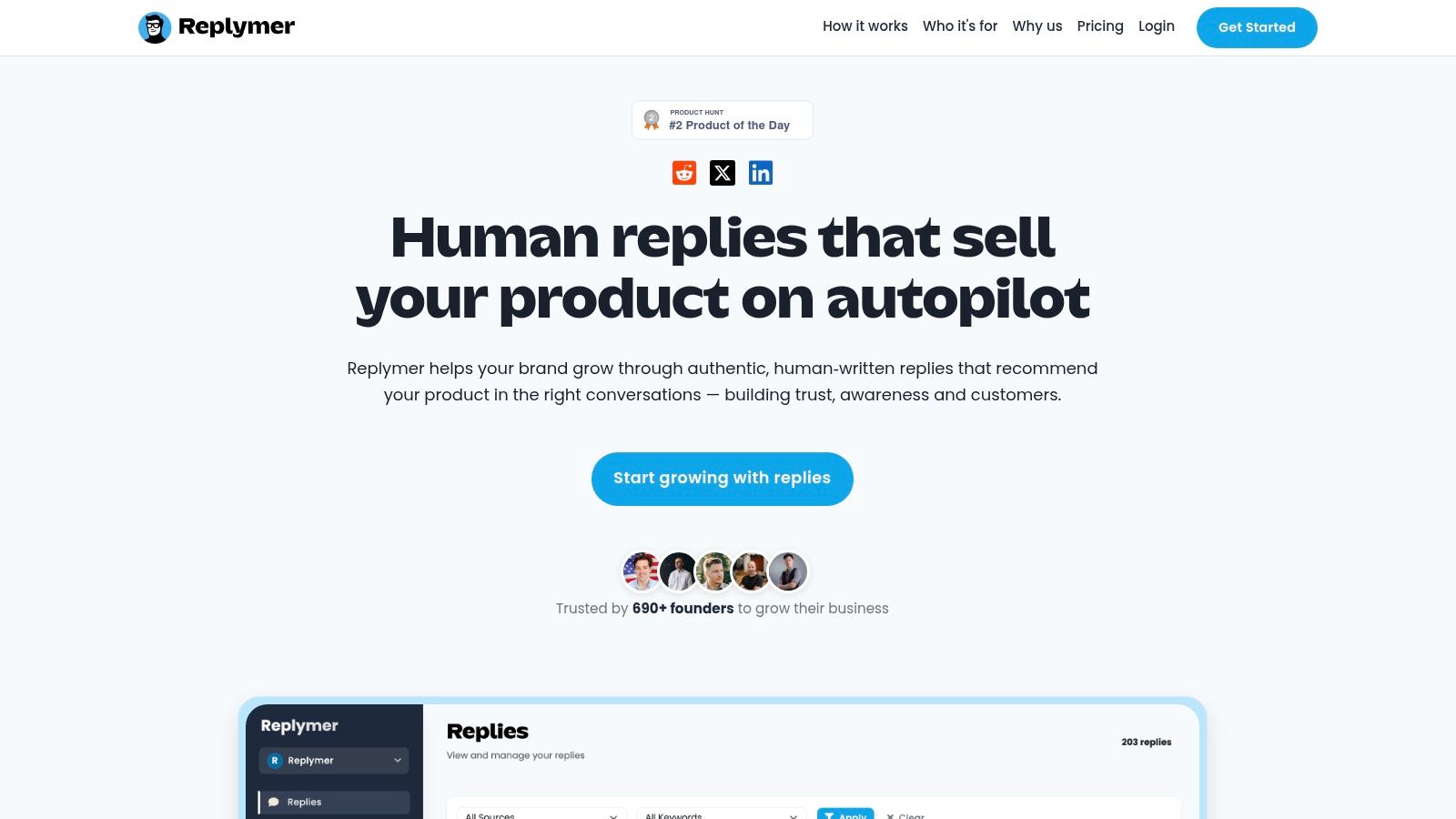 Replymer homepage showing its value proposition for turning social conversations into leads