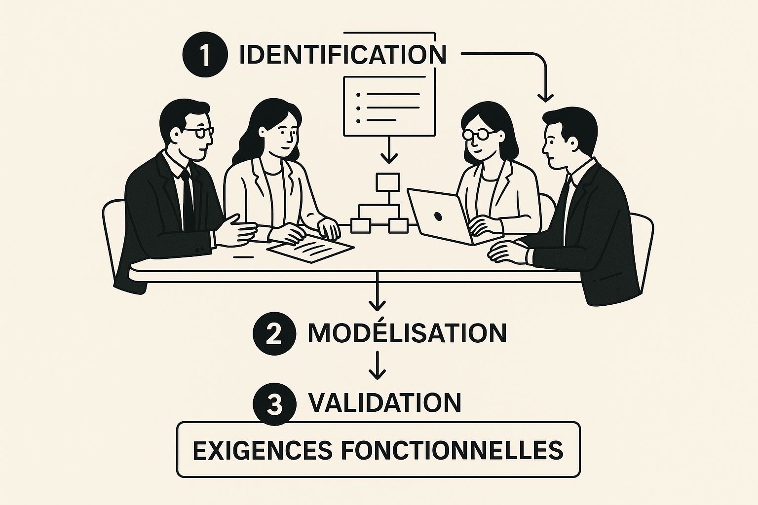 Infographie montrant une équipe discutant des exigences fonctionnelles autour d'une table avec des schémas.