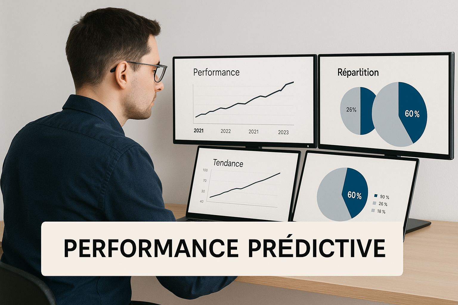 Infographie montrant une analyste de données interprétant des graphiques sur des écrans, avec le texte "Performance Prédictive".
