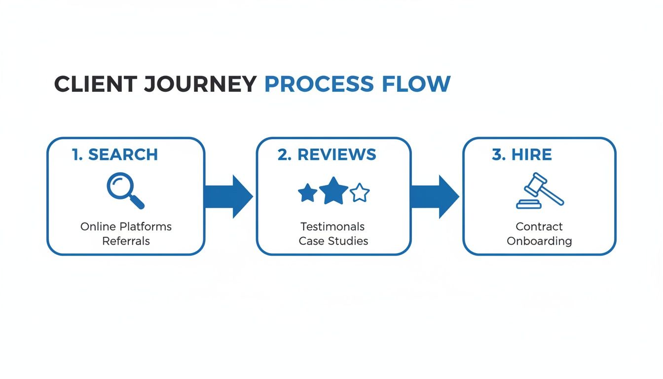 A client journey process flow diagram illustrating the steps of search, reviews, and hiring.
