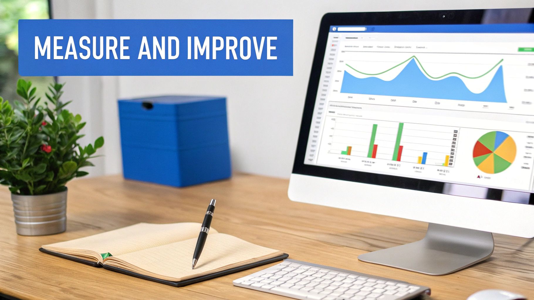 Desk setup with a computer displaying business charts, a notebook, and a plant.