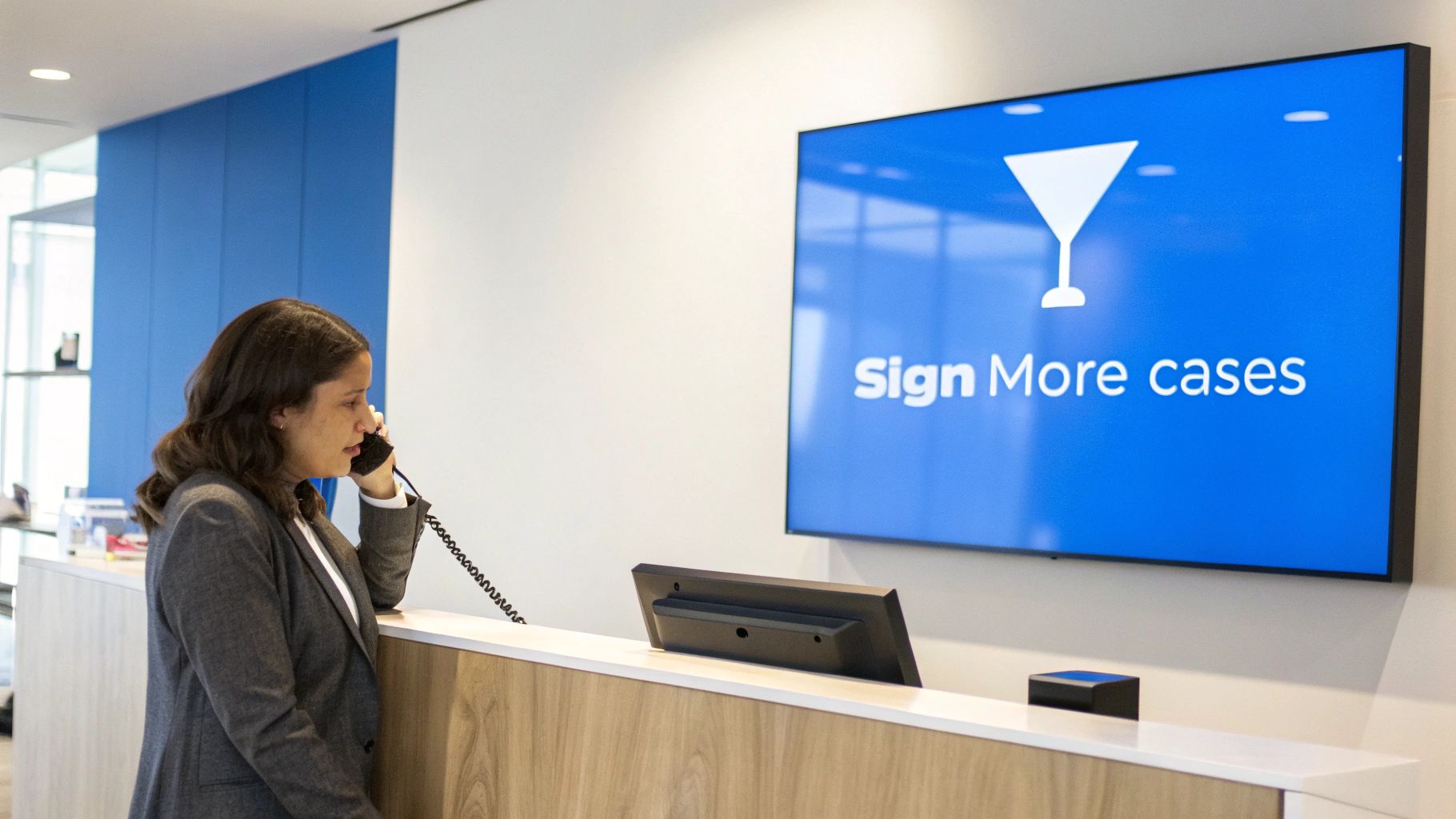 A professional woman talks on a landline phone at a reception desk with a "Sign More cases" screen.