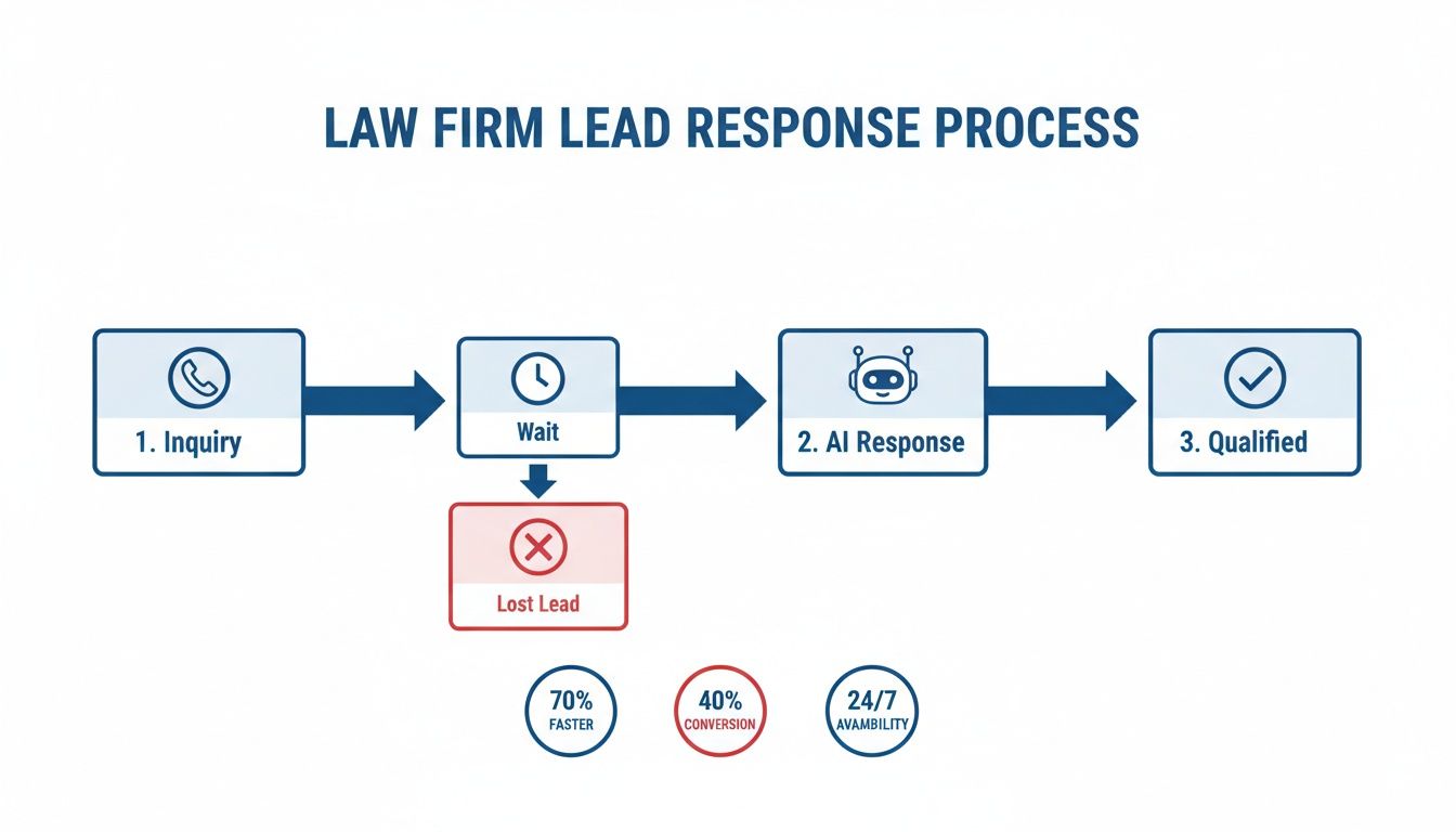 Flowchart detailing a law firm's lead response process, showing steps: Inquiry, Wait, AI Response, and Qualified. Also highlights a 'Lost Lead' path and benefits like '70% Faster', '40% Conversion', and '24/7 Availability'.