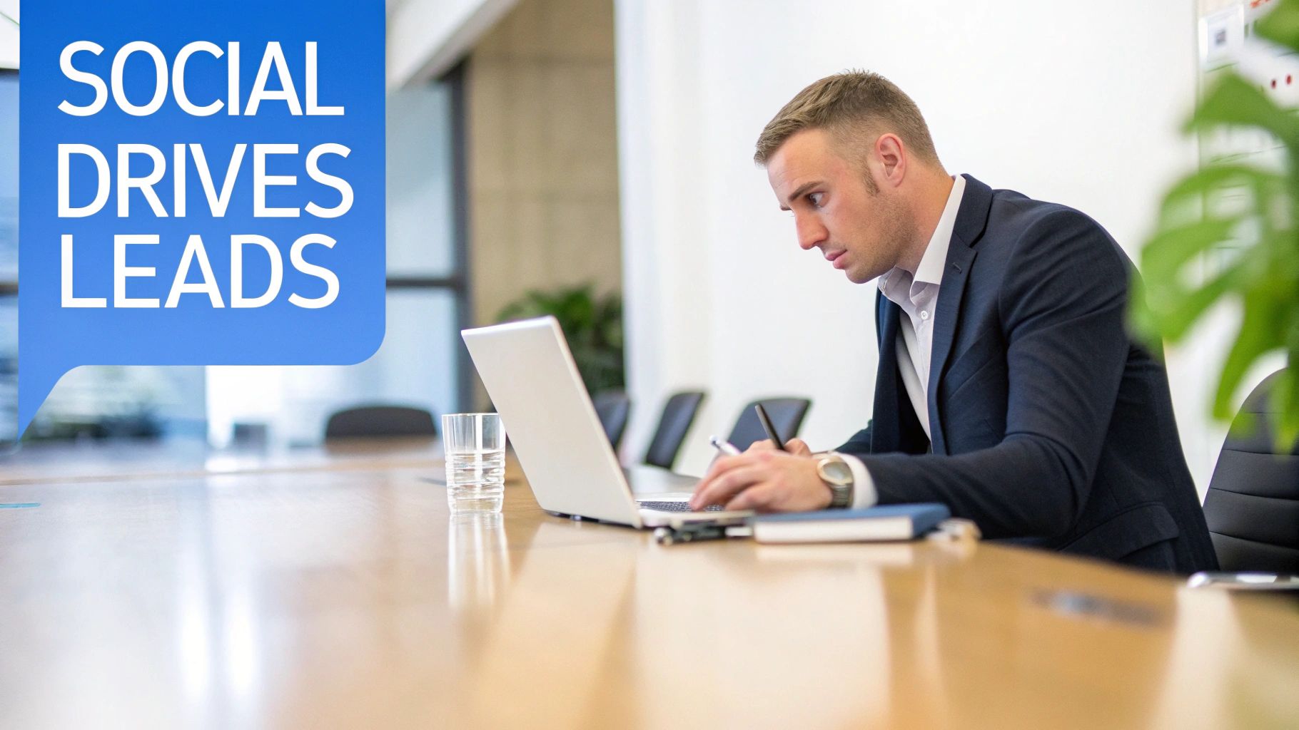 A professional man focused on his laptop at a modern conference table, with a 'Social Drives Leads' graphic.